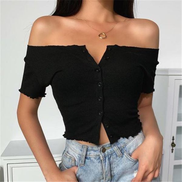 female summer wear new off shoulder slim casual short tee shirts women pure color knitting buttons short sleeves top, White
female summer wear new off shoulder slim casual short tee shirts women pure color knitting buttons short sleeves top, White
