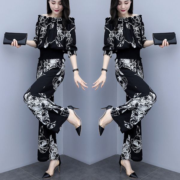 three quarter sleeve elastic slash neck women and wide leg full pants floral print elegant vintage summer women sets, Gray
three quarter sleeve elastic slash neck women and wide leg full pants floral print elegant vintage summer women sets, Gray