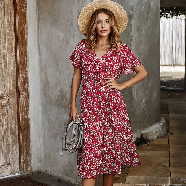 women v-neck ruffles floral print midi dress summer short sleeve casual dress slim cotton fashion holiday beach vestidos female, Black;gray
women v-neck ruffles floral print midi dress summer short sleeve casual dress slim cotton fashion holiday beach vestidos female, Black;gray