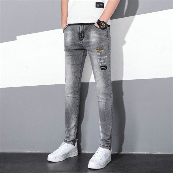 new arrivals men's autumn pencil jeans skinny tattered embroidery and letter jeans stretch slim fit hip-hop men's pants, Blue 
new arrivals men's autumn pencil jeans skinny tattered embroidery and letter jeans stretch slim fit hip-hop men's pants, Blue