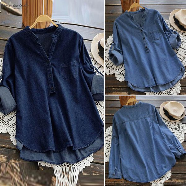 womens casual denim blouses and asymmetrical hem long sleeve buttons pocket blouse blusas chemise femme, White
womens casual denim blouses and asymmetrical hem long sleeve buttons pocket blouse blusas chemise femme, White