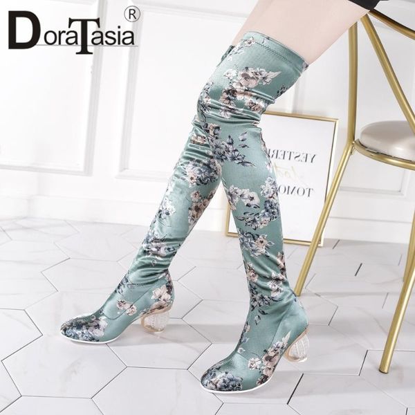 doratasia girl flower round toe knee high boots spring brand boots women high heels round toe clear heel shoes woman, Black 
doratasia girl flower round toe knee high boots spring brand boots women high heels round toe clear heel shoes woman, Black