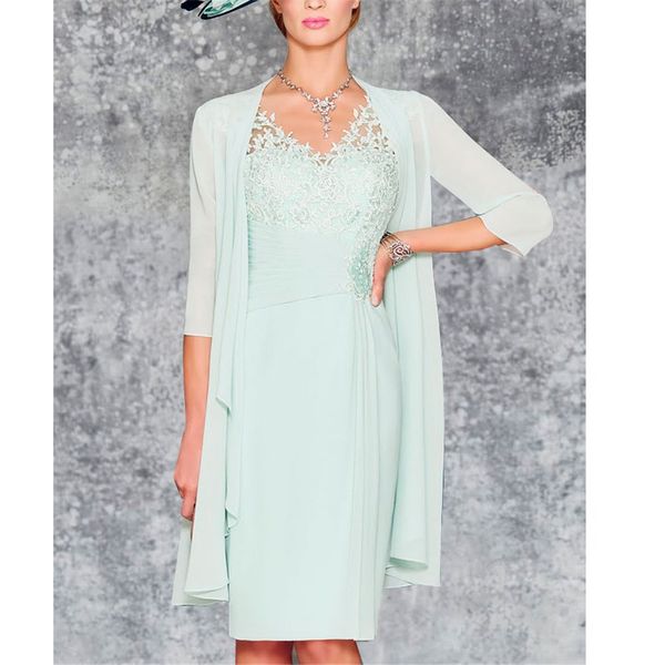 light green chiffon mother of the bride dress with 3/4 sleeve jacket knee length v-neck ruffles beading for wedding evenig dress, Black;red
light green chiffon mother of the bride dress with 3/4 sleeve jacket knee length v-neck ruffles beading for wedding evenig dress, Black;red