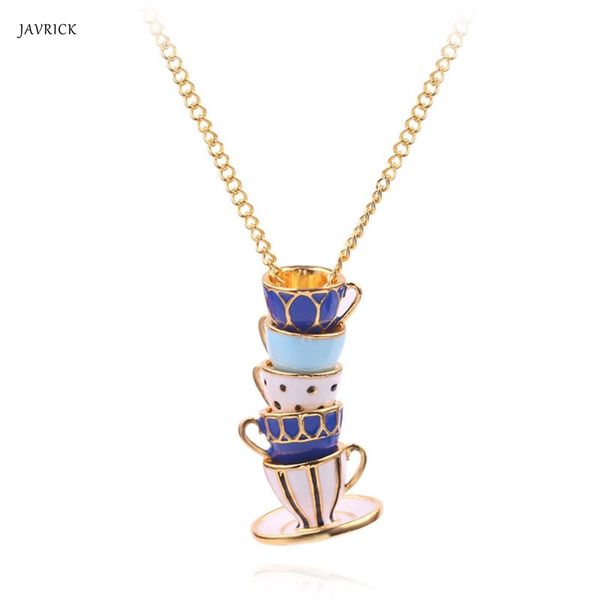 javrick enamel stacked cup pendant necklace long sweater chain woman fashion jewelry, Silver