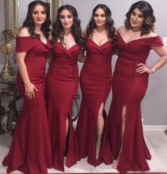 burgundy off shoulder mermaid split long bridesmaid dresses sweep train satin maid of honor gowns plus size, White;pink
burgundy off shoulder mermaid split long bridesmaid dresses sweep train satin maid of honor gowns plus size, White;pink