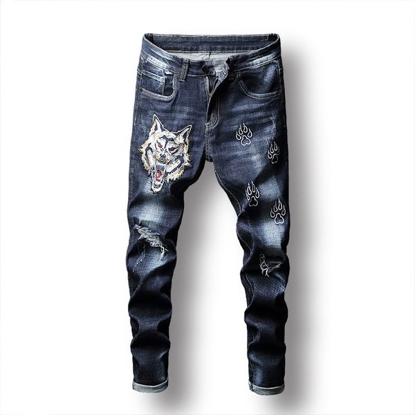 2020 autumn winter men's patchwork ripped embroidered wolf head stretch jeans fashion trendy holes straight denim trouers, Blue
2020 autumn winter men's patchwork ripped embroidered wolf head stretch jeans fashion trendy holes straight denim trouers, Blue