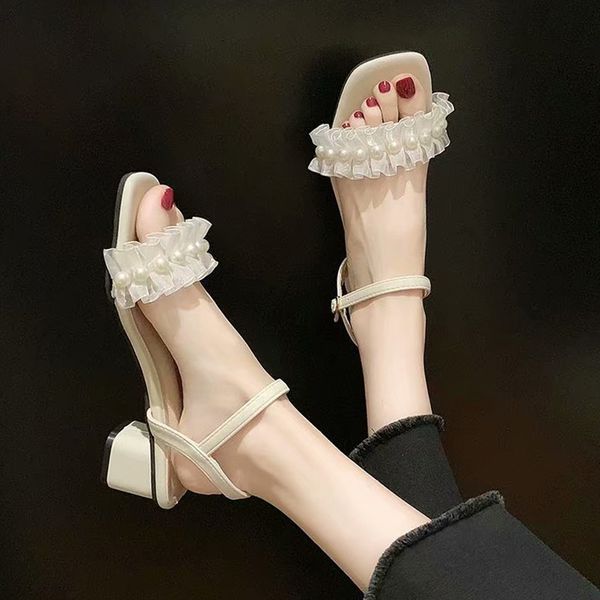 summer women's peep toe sandals slingback med heels buckle beads fashion shoes beige green b61, Black
summer women's peep toe sandals slingback med heels buckle beads fashion shoes beige green b61, Black