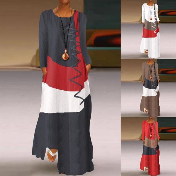 women vintage o neck long sleeve color block wavy line pockets maxi loose dress, Black;gray
women vintage o neck long sleeve color block wavy line pockets maxi loose dress, Black;gray