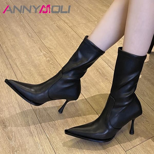 annymoli genuine leather high heel boots lady mid calf boots women shoes pointed toe thin heels slip-on autumn winter 40, Black
annymoli genuine leather high heel boots lady mid calf boots women shoes pointed toe thin heels slip-on autumn winter 40, Black