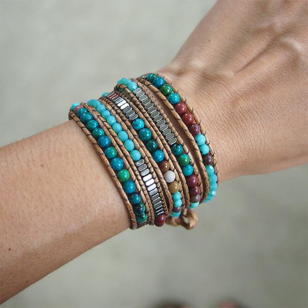 boho style natural stone beadwork wrap bracelet on brown cord with tree of life button y200730, Black
boho style natural stone beadwork wrap bracelet on brown cord with tree of life button y200730, Black