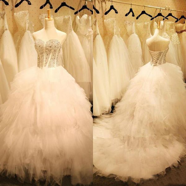 

Modest Sweetheart Ruched Tiered Corset Long Bridal Gowns Luxury Crystal Beaded Tulle Ball Gown Wedding Dresses vestido de noiva barato