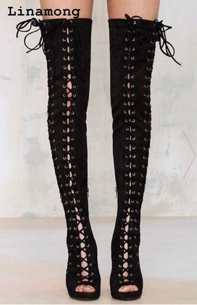 women over the knee pure black split cross straps peep toe spike heels high heel chic trendy long boots 
women over the knee pure black split cross straps peep toe spike heels high heel chic trendy long boots