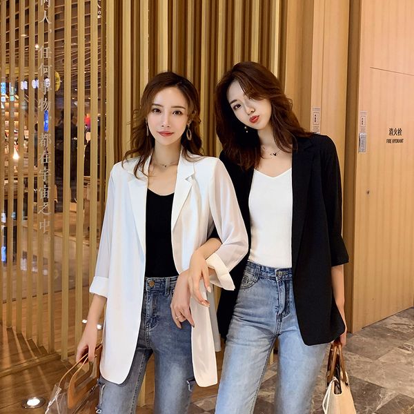 women's suits & blazers 2021 medium long loose temperament chiffon small suit female summer solid color sunscreen shirt thin coat commu, White;black
women's suits & blazers 2021 medium long loose temperament chiffon small suit female summer solid color sunscreen shirt thin coat commu, White;black