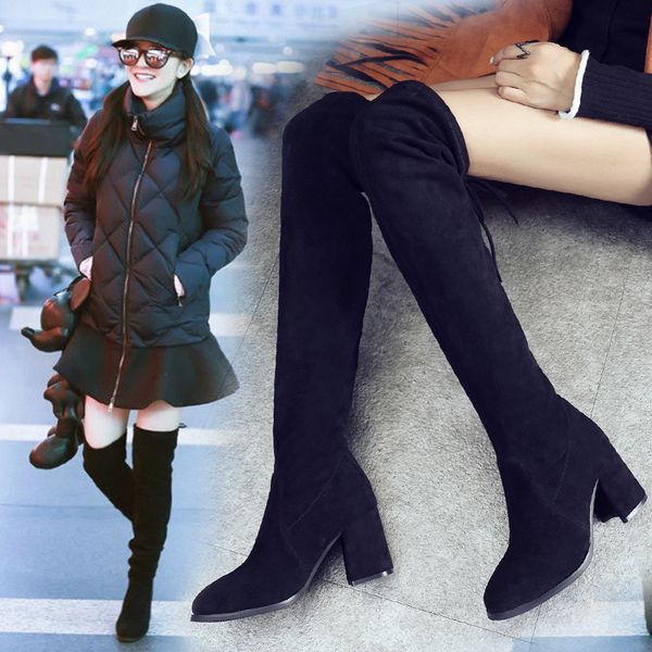 flock solid round toe women over-the-knee boots high square heel long boots elastic band rubber winter shoes, Black
flock solid round toe women over-the-knee boots high square heel long boots elastic band rubber winter shoes, Black