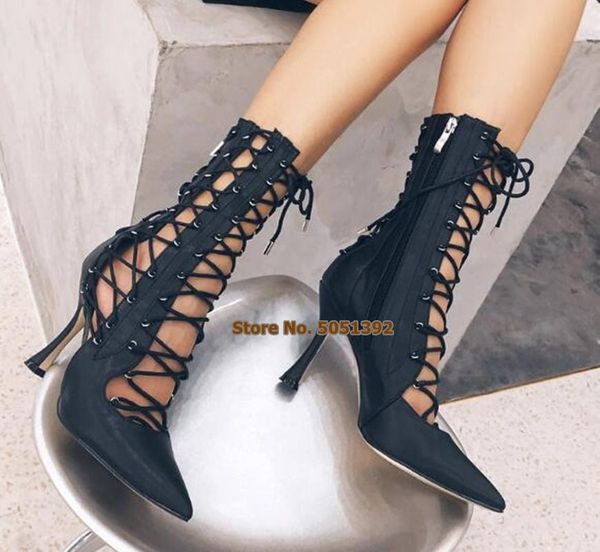 women high heel pointed toe cross-tied lace-up mid-calf sandals booties cut out pu pumps nightclub party plus size boots, Black
women high heel pointed toe cross-tied lace-up mid-calf sandals booties cut out pu pumps nightclub party plus size boots, Black