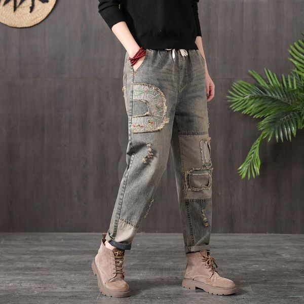 women's jeans arrival spring style women loose casual elastic waist cotton denim harem pants patchwork ripped a106, Blue
women's jeans arrival spring style women loose casual elastic waist cotton denim harem pants patchwork ripped a106, Blue