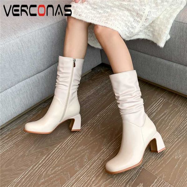 verconas 2020 new women mid-calf boots autunm winter genuine leather fashion concise pleated thick heels casual zip boots woman, Black
verconas 2020 new women mid-calf boots autunm winter genuine leather fashion concise pleated thick heels casual zip boots woman, Black