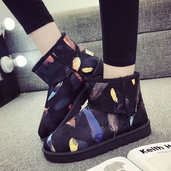 snow boots 2020 new winter women warm short boots fashion print student comfortable breathable cloth cotton cotton shoes, Black