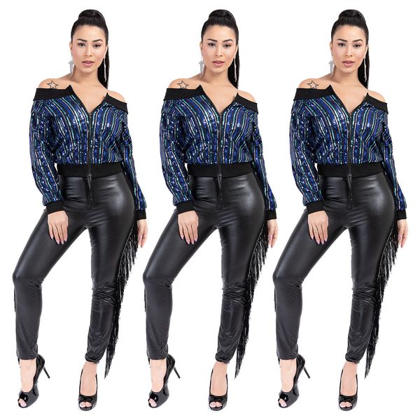 women strapless sequins jacket long sleeve panelled zipper clothes famale shorts coats, Black;brown
women strapless sequins jacket long sleeve panelled zipper clothes famale shorts coats, Black;brown