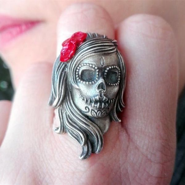 women's day of the dead muertos catrina calavera rings unique 316l stainless steel flower sugar skull ring punk jewelry, Silver
women's day of the dead muertos catrina calavera rings unique 316l stainless steel flower sugar skull ring punk jewelry, Silver