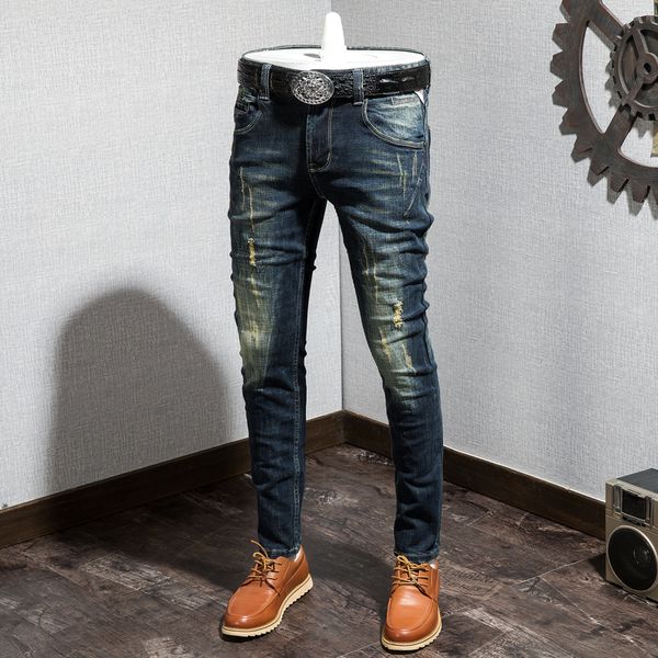 men's jeans washed denim pencil pants skinny long male trousers hole j69, Blue
men's jeans washed denim pencil pants skinny long male trousers hole j69, Blue