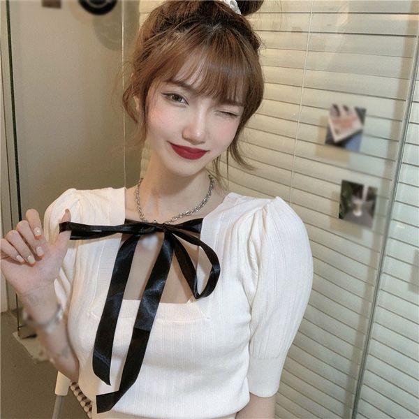 women's t-shirt sweet bow tie lace square neck summer t-shirts ice silk two sides wear thin short-sleeved top, White
women's t-shirt sweet bow tie lace square neck summer t-shirts ice silk two sides wear thin short-sleeved top, White