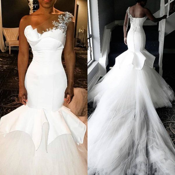 one shoulder wedding dresses mermaid luxury long train silver beading appliques lace satin tulle bridal gown customize plus size, White
one shoulder wedding dresses mermaid luxury long train silver beading appliques lace satin tulle bridal gown customize plus size, White