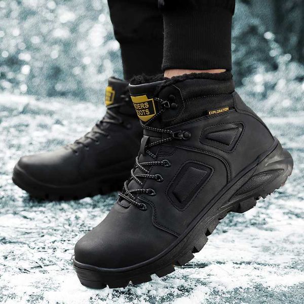winter men's boots lace-up fashion shoes men outdoor leather casual men with fur winter fashion plush warm snow boots, Black