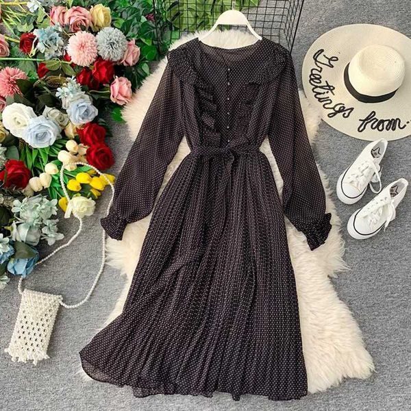 black vintage spring women dress 2020 new korean fashion casual long sleeve polka dot print pleated dress ruffles office, Black;gray
black vintage spring women dress 2020 new korean fashion casual long sleeve polka dot print pleated dress ruffles office, Black;gray