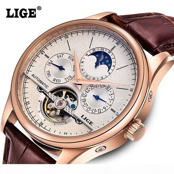 wholesale- lige brand men's watches six-pin moon phases automatic watch men dive 50m casual leather wristwatches relogio masculino, Slivery;brown 
wholesale- lige brand men's watches six-pin moon phases automatic watch men dive 50m casual leather wristwatches relogio masculino, Slivery;brown