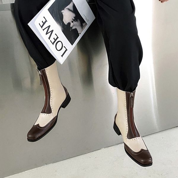 women winter boots retro color blocking brock style low heel round toe zipper mid-calf boots, Black
women winter boots retro color blocking brock style low heel round toe zipper mid-calf boots, Black