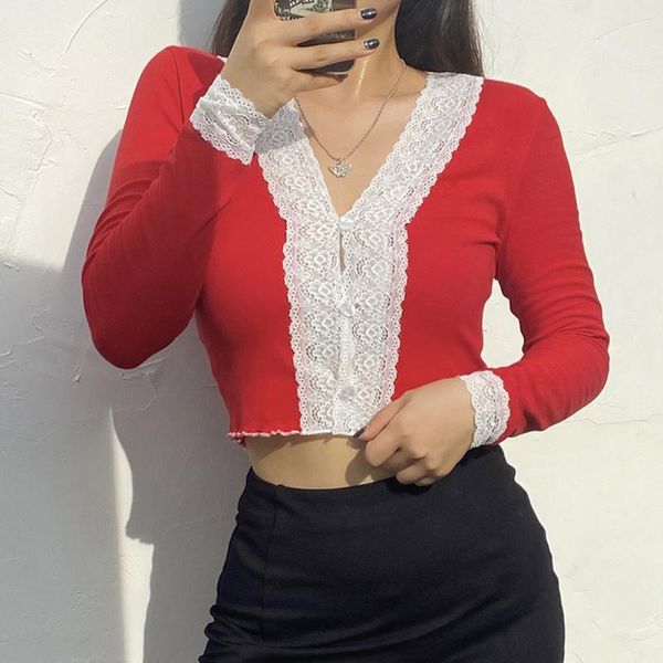 women's t-shirt knitted lace trim y2k t shirt women skinny button shirts long sleeve crop 90's aesthetic femme, White
women's t-shirt knitted lace trim y2k t shirt women skinny button shirts long sleeve crop 90's aesthetic femme, White