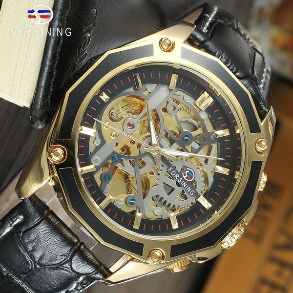 

forsining transparent case gear movement steampunk men automatic skeleton watch open work design self winding, Slivery;brown