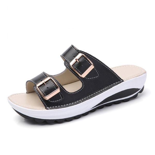 35-41 large size slippers leather wedge sandals and slippers female muffin bottom wild non-slip female sandals and, Black
35-41 large size slippers leather wedge sandals and slippers female muffin bottom wild non-slip female sandals and, Black