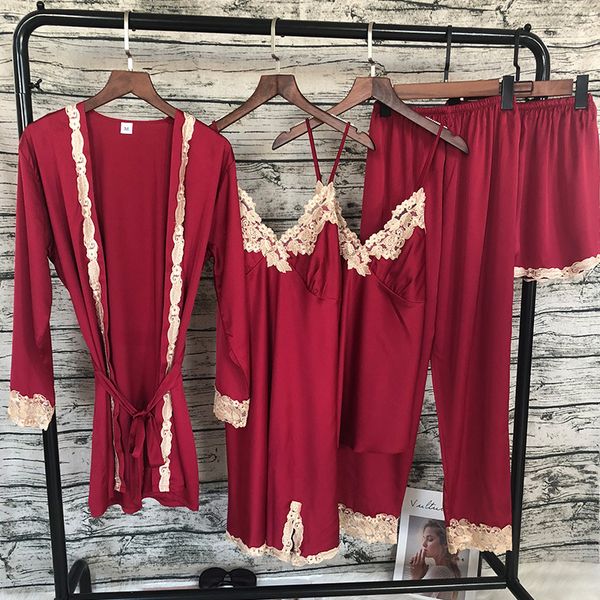 women 5 pieces robe gown set lace satin faux silk sleepwear pijama solid long sleeve ladies sleep nightwear bathrobe night dress, Black;red
women 5 pieces robe gown set lace satin faux silk sleepwear pijama solid long sleeve ladies sleep nightwear bathrobe night dress, Black;red