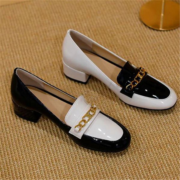dress shoes fashion color matching metal chain decoration round toe ladies thick heel high heels black white spring and autumn la
dress shoes fashion color matching metal chain decoration round toe ladies thick heel high heels black white spring and autumn la