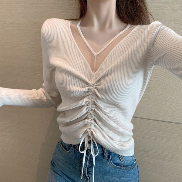 autumn long sleeve v-neck gauze stitching drawstring knitted women pullover slim fit thin sweater slzfz81, White;black
autumn long sleeve v-neck gauze stitching drawstring knitted women pullover slim fit thin sweater slzfz81, White;black