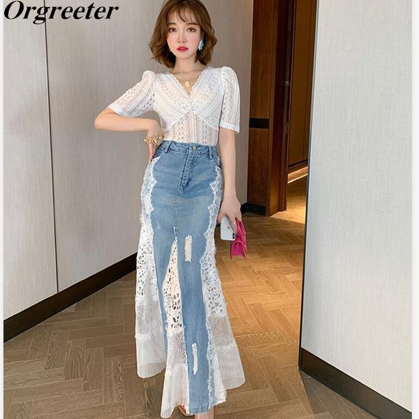 fashion design 2 piece set women summer eleastic slim v-neck lace blouse + lace stitching denim long fishtail skirt suits s-3xl, White
fashion design 2 piece set women summer eleastic slim v-neck lace blouse + lace stitching denim long fishtail skirt suits s-3xl, White