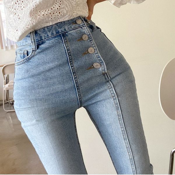 2020 korean version of the new jeans high waist thin irregular single-breasted light-colored flared pants, Blue
2020 korean version of the new jeans high waist thin irregular single-breasted light-colored flared pants, Blue