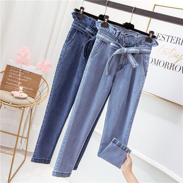 women's jeans plus size women pants solid color high waist ankle-length straight lace up loose trousers korean fashion, Blue
women's jeans plus size women pants solid color high waist ankle-length straight lace up loose trousers korean fashion, Blue