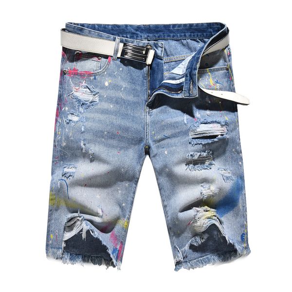 men's jeans sokotoo painted holes ripped denim shorts summer knee length streetwear distressed destroyed fringe beggar, Blue
men's jeans sokotoo painted holes ripped denim shorts summer knee length streetwear distressed destroyed fringe beggar, Blue