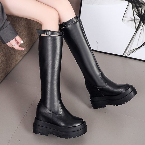woman hidden wedges motorcycle botas fashion chunky platform long boots nice women pu leather knee high boots winter, Black 
woman hidden wedges motorcycle botas fashion chunky platform long boots nice women pu leather knee high boots winter, Black