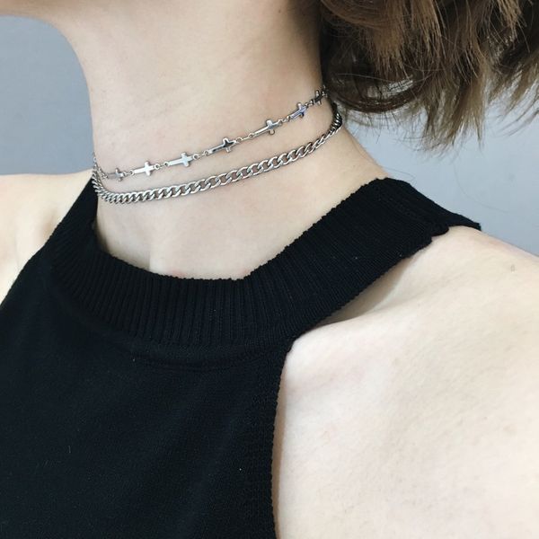 european ins stainless steel cool girl cross double layer chain choker statement necklace for women girls dropshipping, Silver
european ins stainless steel cool girl cross double layer chain choker statement necklace for women girls dropshipping, Silver