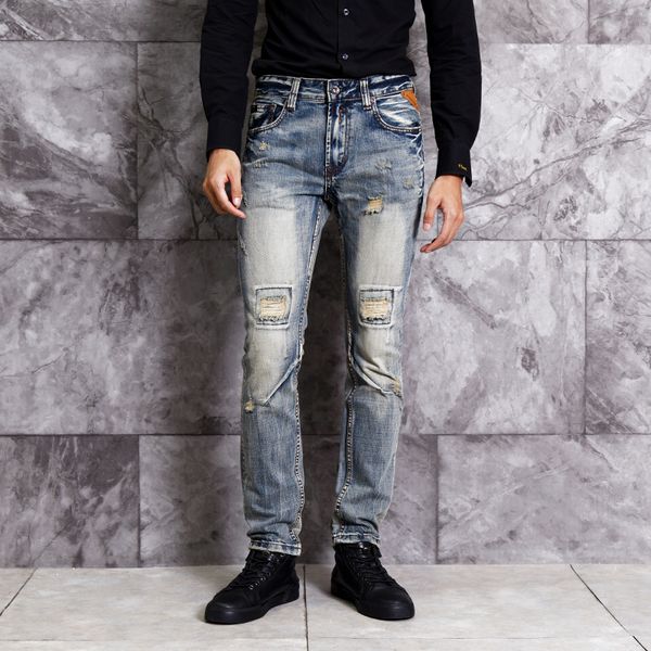 men's jeans italian style fashion men retro washed ripped spliced designer denim pants slim fit hip hop, Blue 
men's jeans italian style fashion men retro washed ripped spliced designer denim pants slim fit hip hop, Blue
