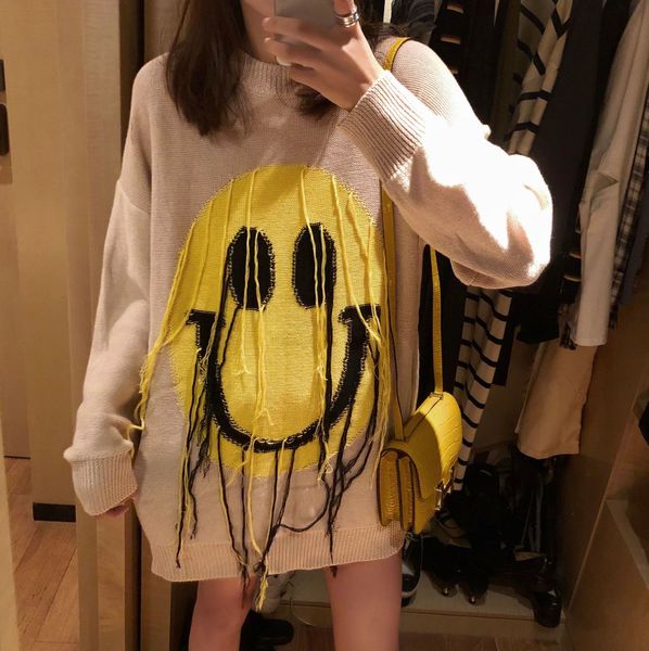 t5816 for sweater women 2020 early autumn new lazy style smiling face tassel sweater with good mood qec88, White;black
t5816 for sweater women 2020 early autumn new lazy style smiling face tassel sweater with good mood qec88, White;black
