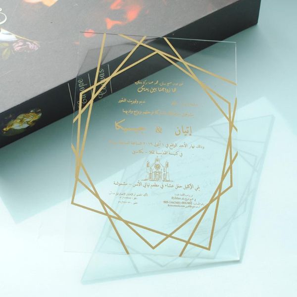 greeting cards 10pcs custom printable wedding invitations arabic acrylic invitation card transparent with gold frame
greeting cards 10pcs custom printable wedding invitations arabic acrylic invitation card transparent with gold frame