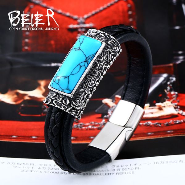 

Beier Genuine Cowhide Bracelet Classic styles for men and women Exquisite Jewelry Green cracked gem bracelet LLBC-L008