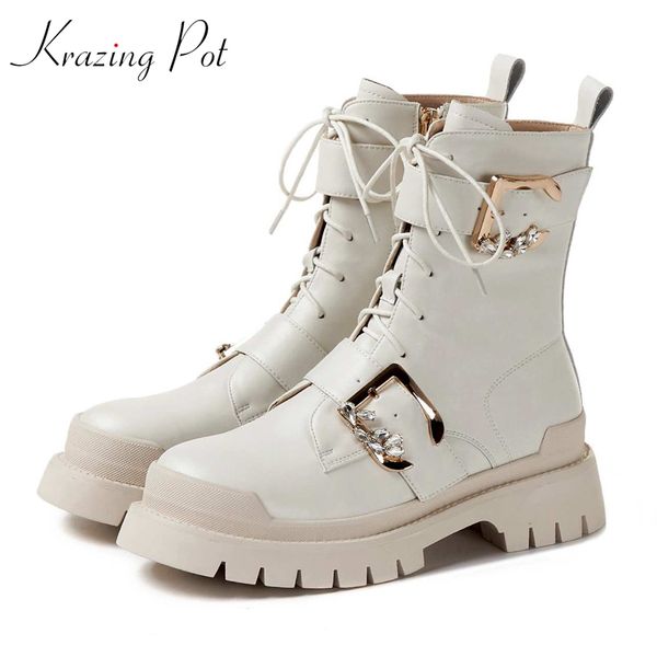 krazing pot genuine leather french romance round toe med heels rhinestone metal buckle winter season lace up mid-calf boots l84, Black
krazing pot genuine leather french romance round toe med heels rhinestone metal buckle winter season lace up mid-calf boots l84, Black