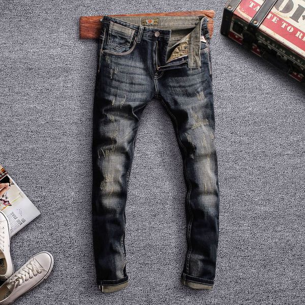 

italian vintage style men jeans slim fit retro wash ripped jeans denim casual pants brand designer fashion classical men, Blue