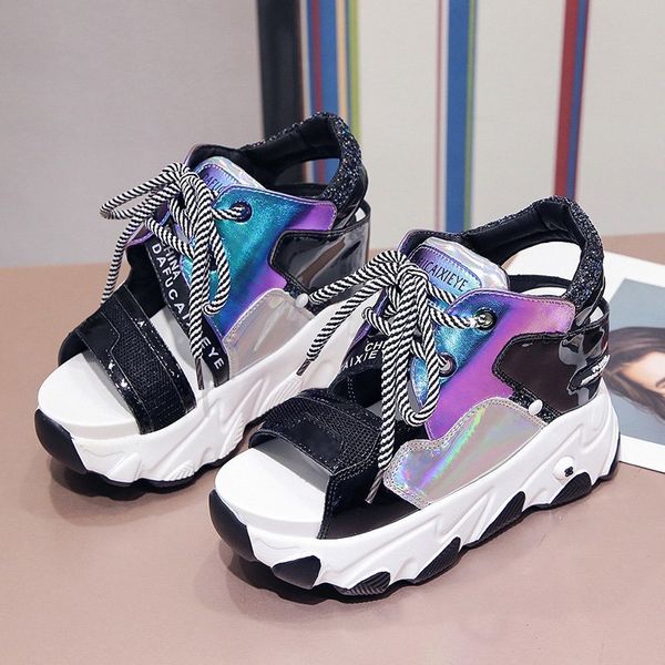 women platform sandals chunky shoes leather brand fashion woman multi color casual shoes 9cm height increasing lace up sandal, Black
women platform sandals chunky shoes leather brand fashion woman multi color casual shoes 9cm height increasing lace up sandal, Black